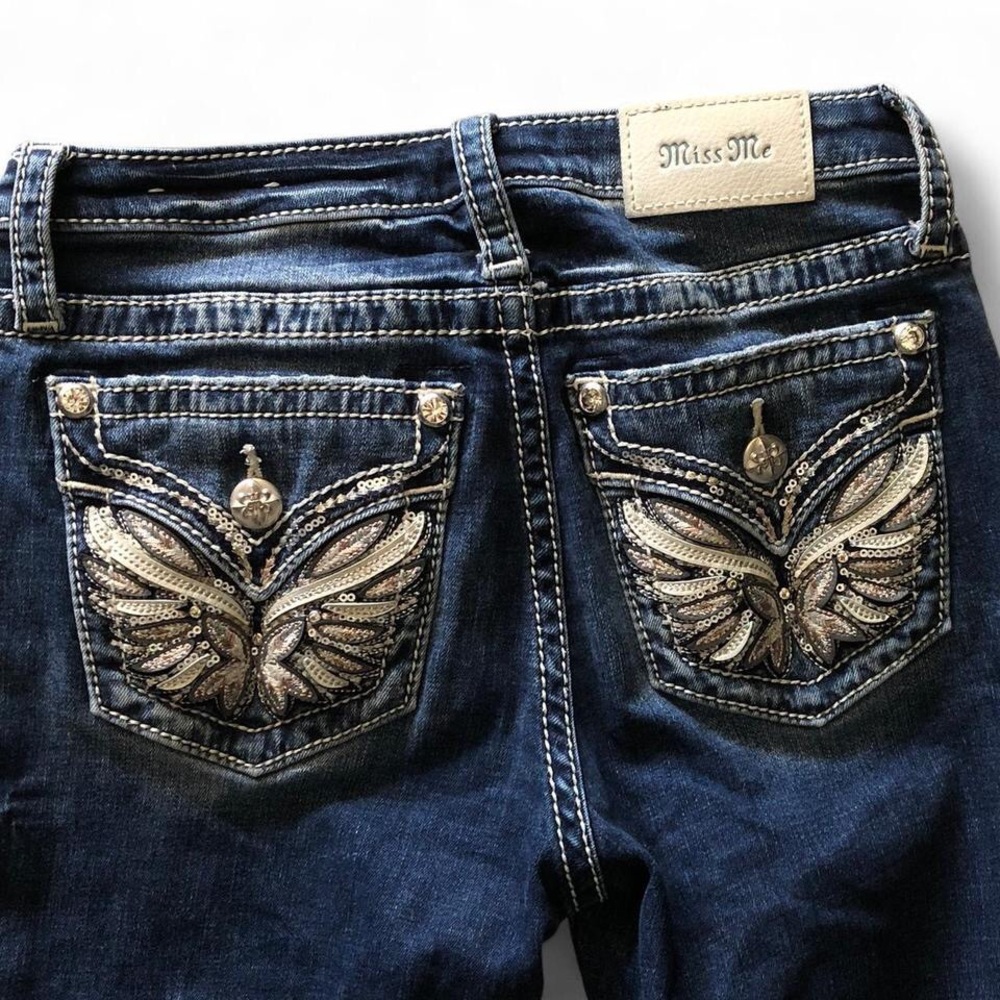 Miss Me Dark Blue Bootcut Jeans with Sequin Butterfly Pockets